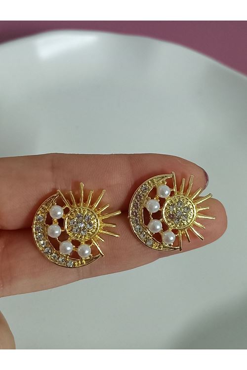 Gold İncili Ay Güneş Küpe