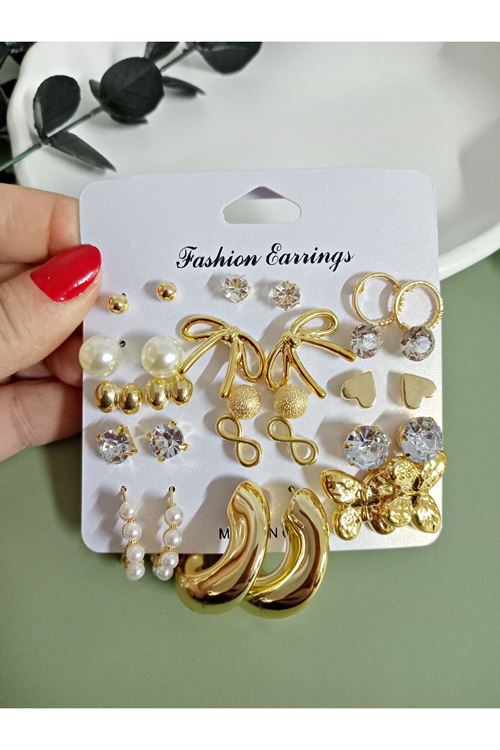 Gold 15 Çift 30 Adet Küçük Kombin Küpe Seti