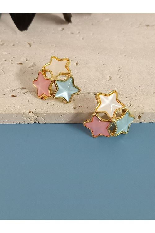 Çelik Gold Beyaz Pembe Mavi Yıldız Kadın Küpe