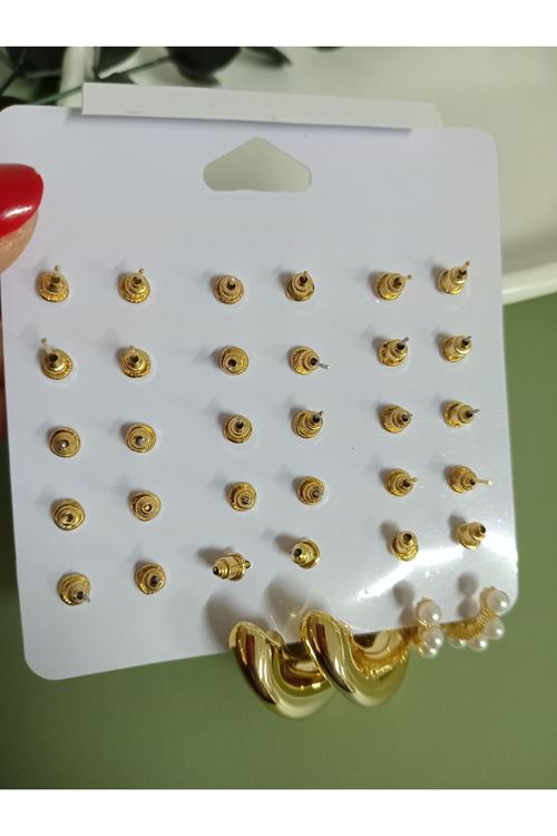Gold 15 Çift 30 Adet Küçük Kombin Küpe Seti