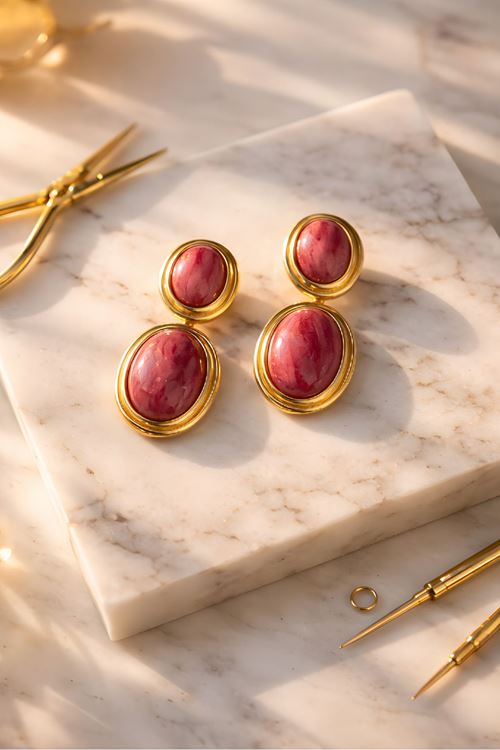Gold Pembe Mineli Sallantılı Küpe, Hafif