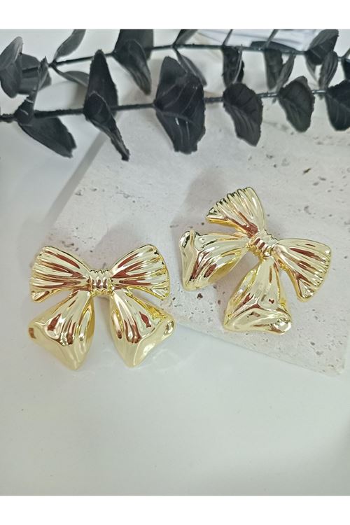 Gold Fiyonk Çok Hafif Büyük Şık Kadın Küpe