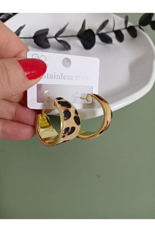 Kahverengi Kürklü Leopar Halka Küpe
