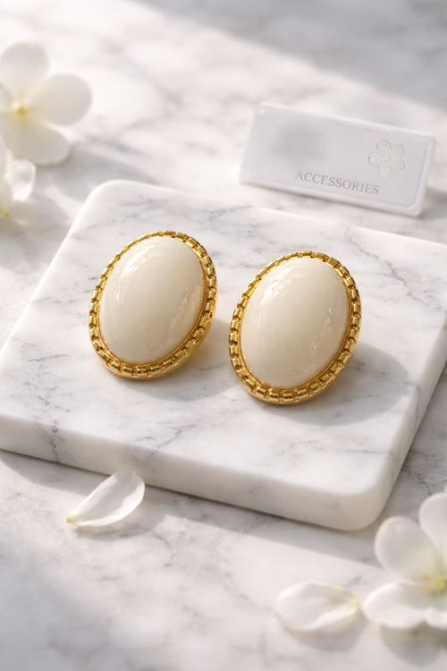 Gold Oval İnci Krem Şık Hafif Küpe