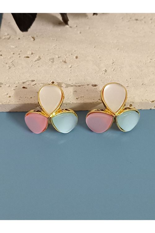 Çelik Gold Beyaz Pembe Mavi Kadın Küpe