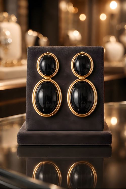 Gold Siyah Mineli Sallantılı Küpe