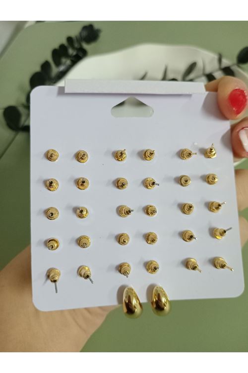 Gold 15 Çift 30 Adet Küçük Kombin Küpe Seti
