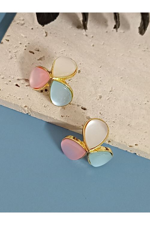 Çelik Gold Beyaz Pembe Mavi Kadın Küpe