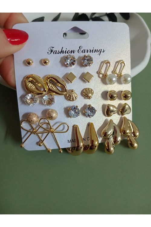 Gold 15 Çift 30 Adet Küçük Kombin Küpe Seti