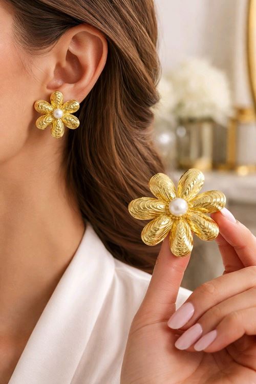 Gold İncili Büyük Midye Küpe