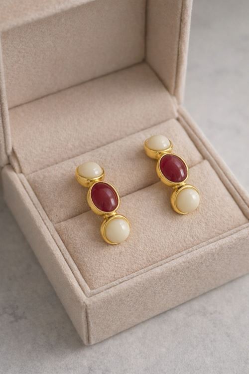 Gold Krem Bordo İncili Kadın Küpe