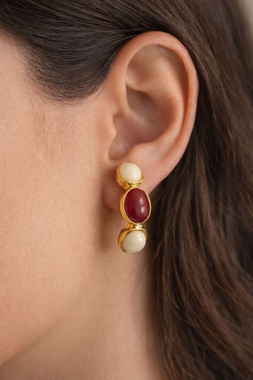 Gold Krem Bordo İncili Kadın Küpe