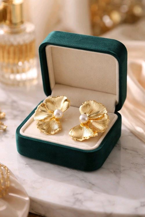 Gold İncili Çiçek İthal Küpe, Çok Hafif