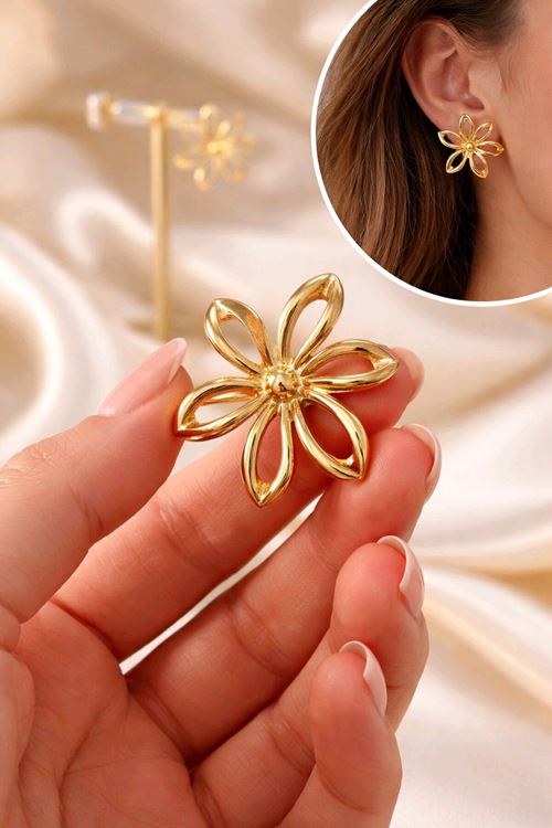 Gold Bembeli Çiçek Küpe