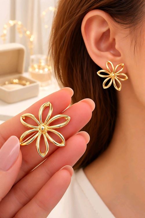Gold Bembeli Çiçek Küpe