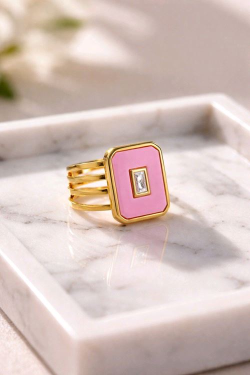 Çelik Baget Taşlı Pembe Dörtgen Yüzük, Ayarlanabilir