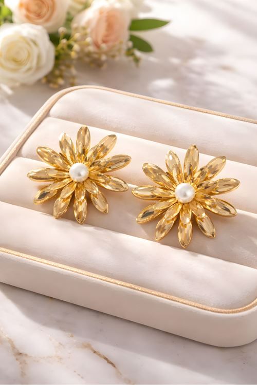 Gold İncili 6cm Büyük Çiçek Küpe, Hafif