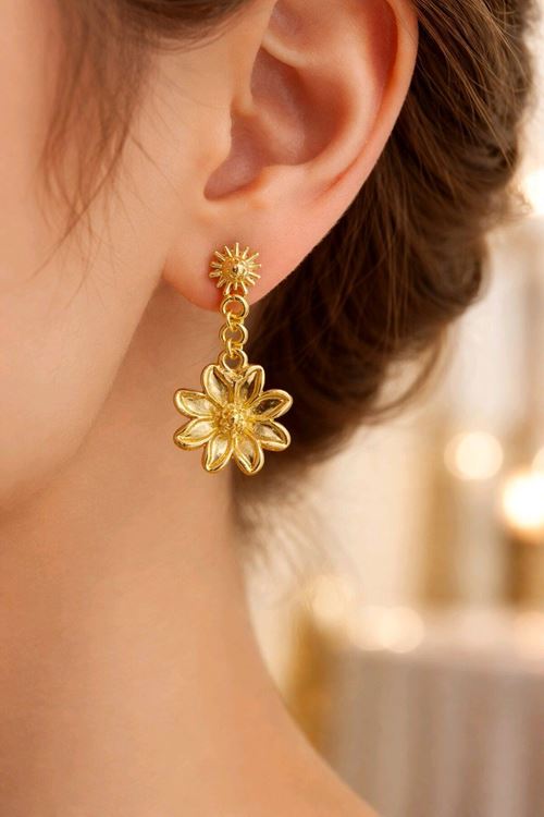 Gold Küçük Sallantılı Çiçek Küpe, Hafif