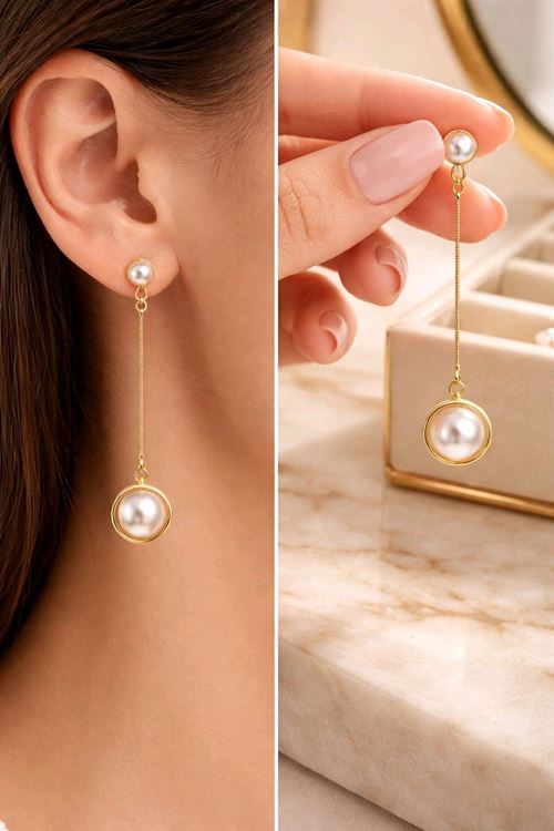 İnci Sallantılı Gold Küpe