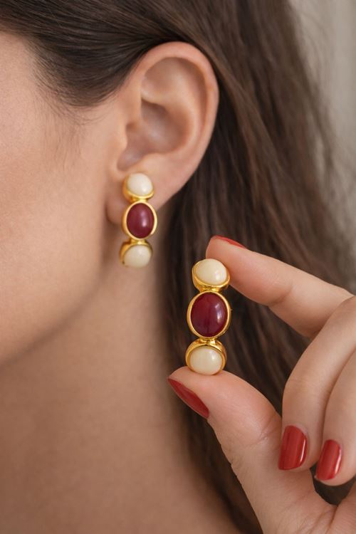 Gold Krem Bordo İncili Kadın Küpe
