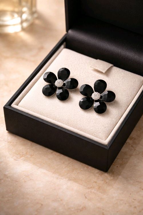 Gümüş Siyah 2cm Şeffaf Çiçek Küpe İthal