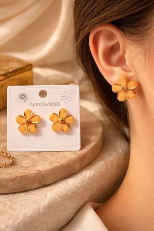 Gold Sarı 2cm Şeffaf Çiçek Küpe İthal