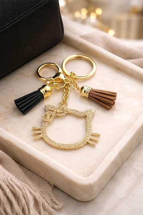 Taşlı Gold Kiraz Anahtarlık, Çanta Süsü , Çanta Aksesuarı, Araba Süsü