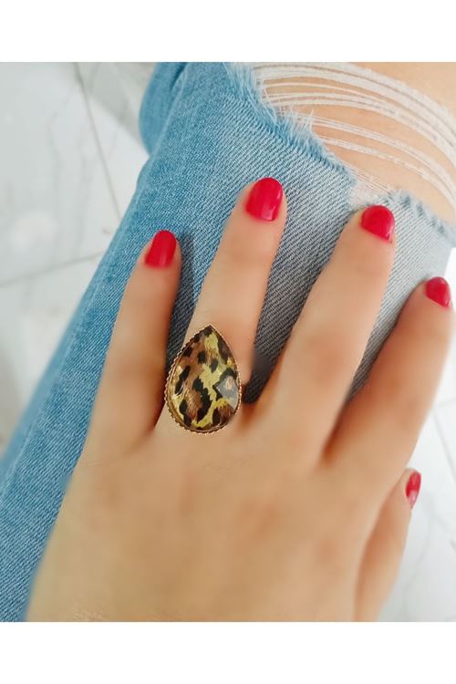 Gold Leopar Damla Ayarlanabilir Şık Yüzük
