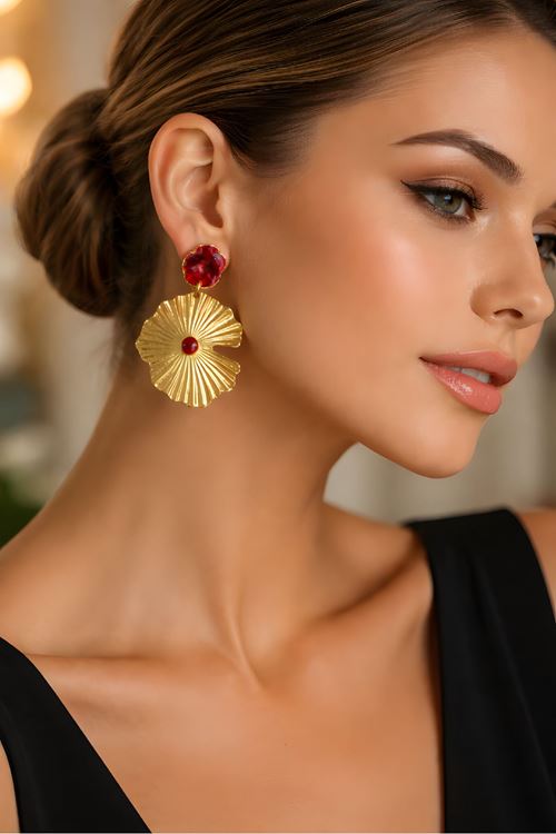 Gold Bordo Mineli Çiçek Küpe