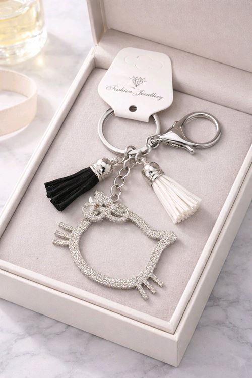 Taşlı Gümüş Helllo kit Anahtarlık, Çanta Süsü , Çanta Aksesuarı, Araba Süsü