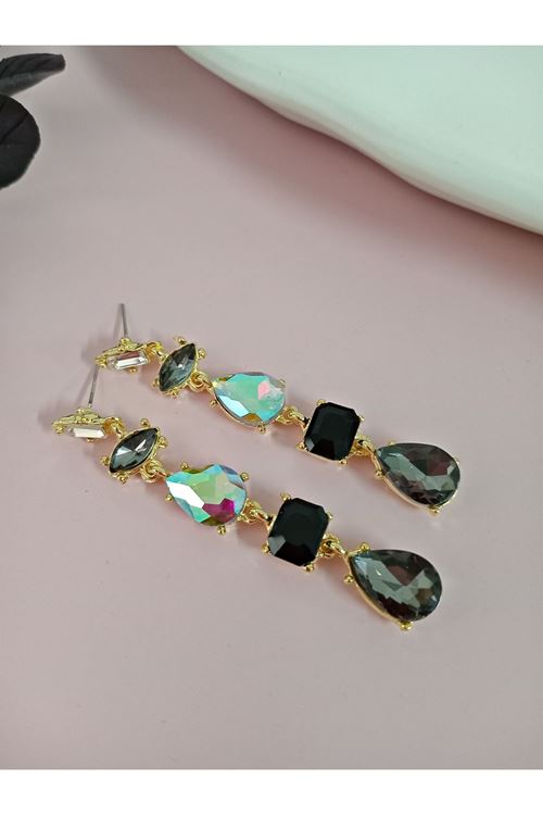 Siyah Antrasit Detaylı Kristal Taşlı Sallantılı Küpe