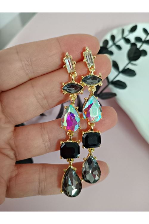 Siyah Antrasit Detaylı Kristal Taşlı Sallantılı Küpe