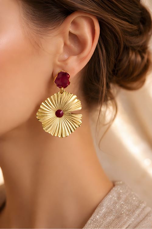 Gold Bordo Mineli Çiçek Küpe
