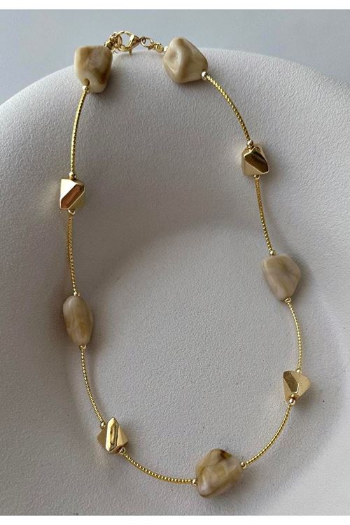 Krem Taşlı Gold Kadın Kolye
