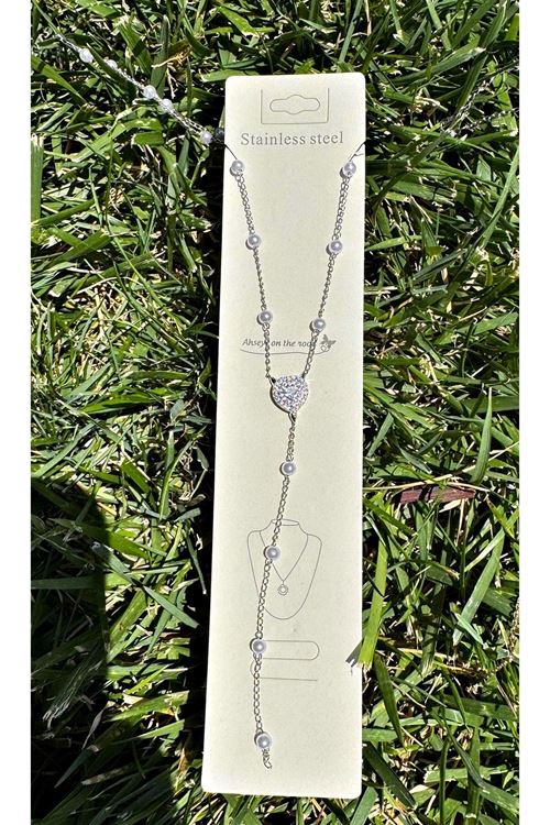 Y Kolye Incili Çelik Gümüş Kadın Kolye