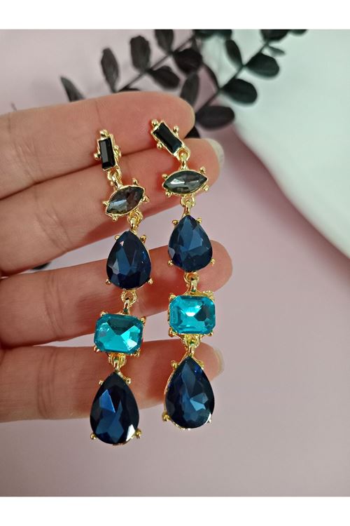 Mor Detaylı Kristal Taşlı Sallantılı Küpe