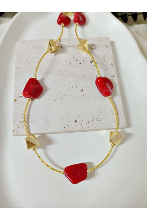 Bordo Taşlı Gold Kadın Kolye
