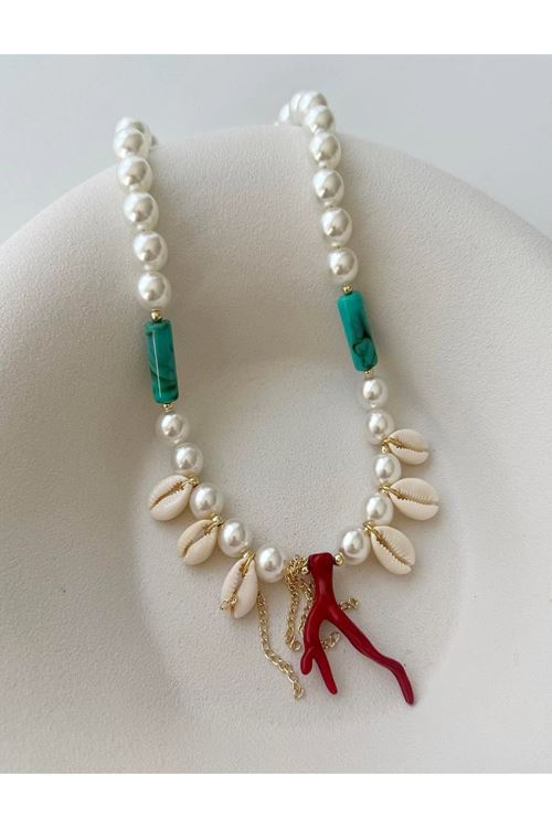 İnci Mercan Charmlı Boncuklu Elegant Kolye