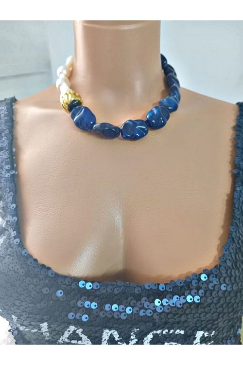 Lacivertli İnci Elegant Kolye