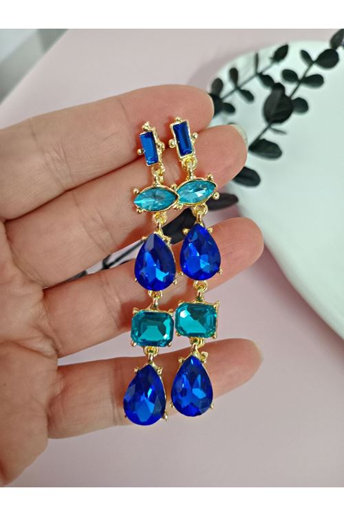 Lacivert Mavi Detaylı Kristal Taşlı Sallantılı Küpe