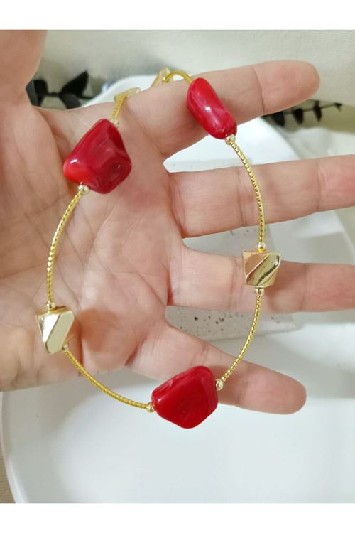Bordo Taşlı Gold Kadın Kolye