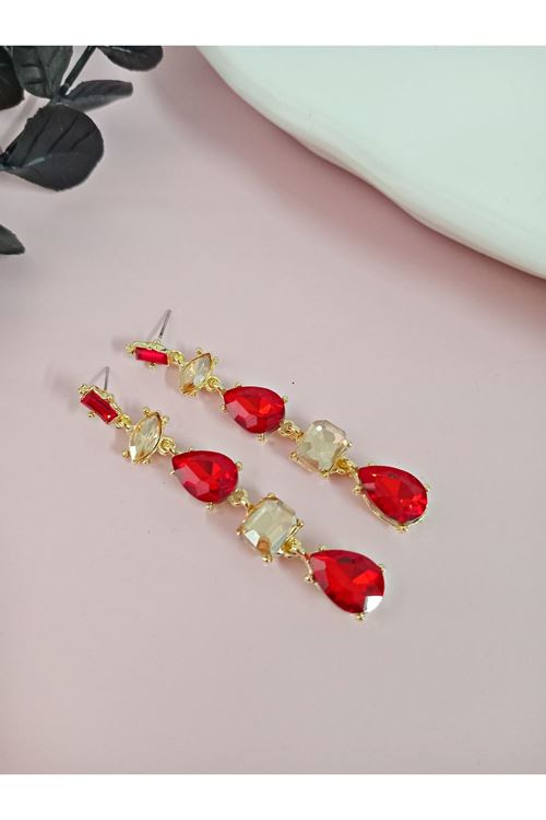 Kırmızı Bal Detaylı Kristal Taşlı Sallantılı Küpe
