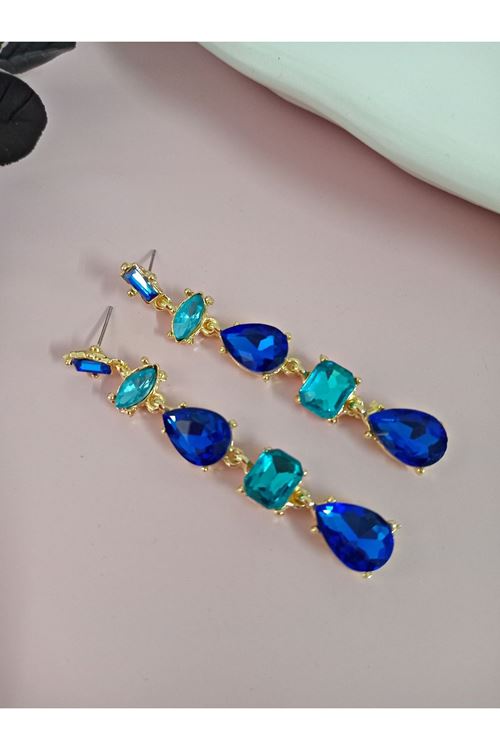 Lacivert Mavi Detaylı Kristal Taşlı Sallantılı Küpe