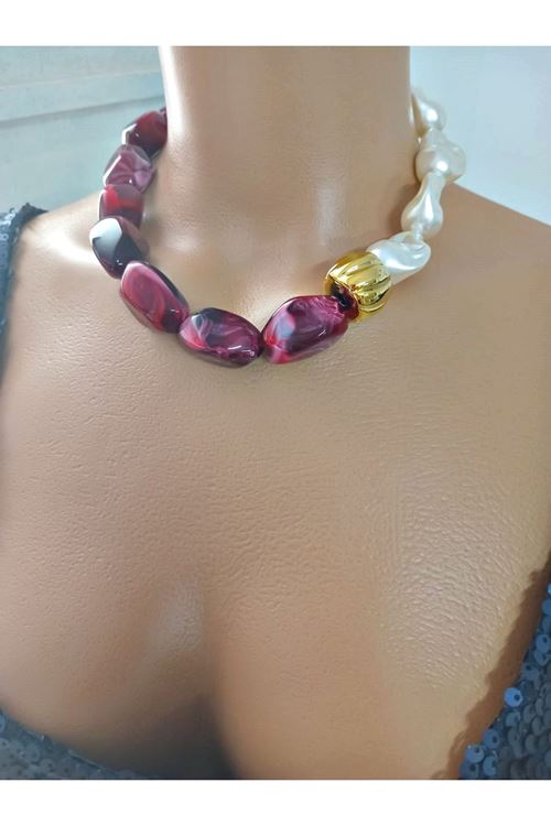 Bordolu İnci Elegant Kolye