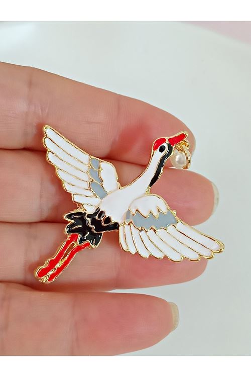 Beyaz Uçan Leylek İncili Broş