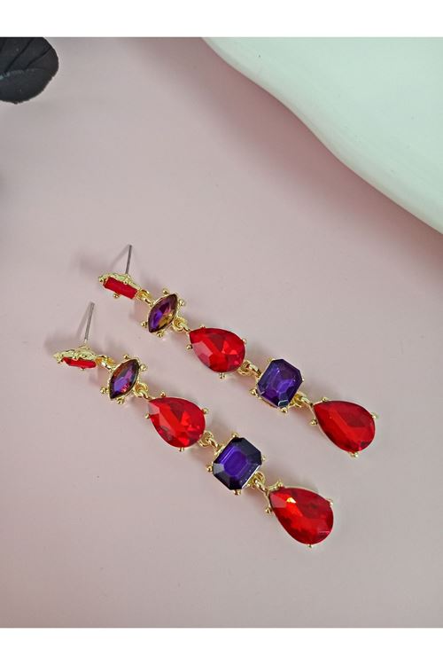 Kırmızı Mor Detaylı Kristal Taşlı Sallantılı Küpe