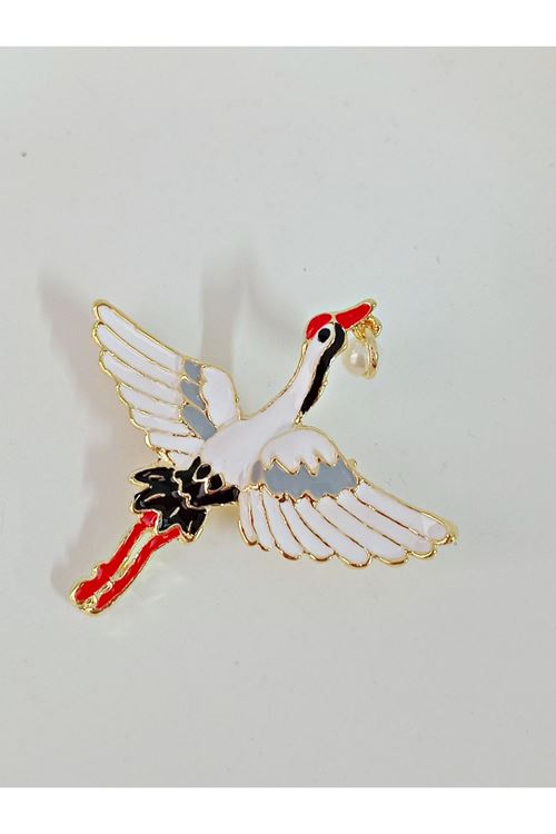 Beyaz Uçan Leylek İncili Broş