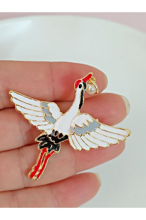 Beyaz Uçan Leylek İncili Broş