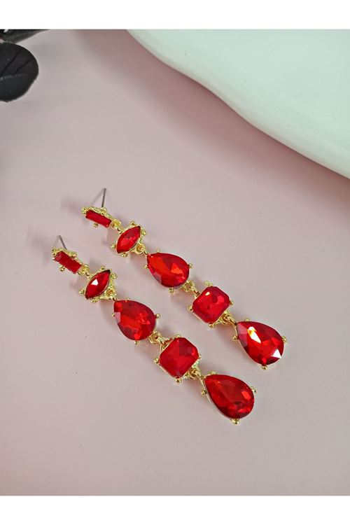 Kırmızı Detaylı Kristal Taşlı Sallantılı Küpe