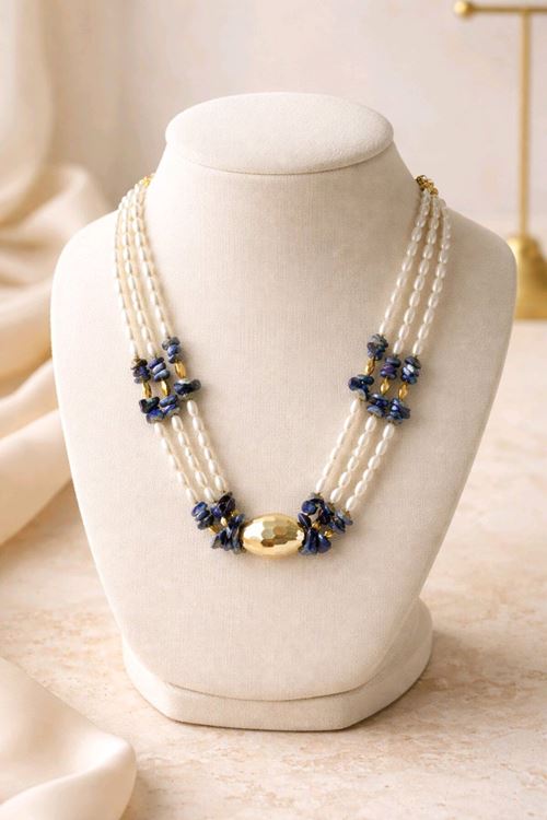 Çoklu İncili Lacivert Boncuklu Elegant Kolye